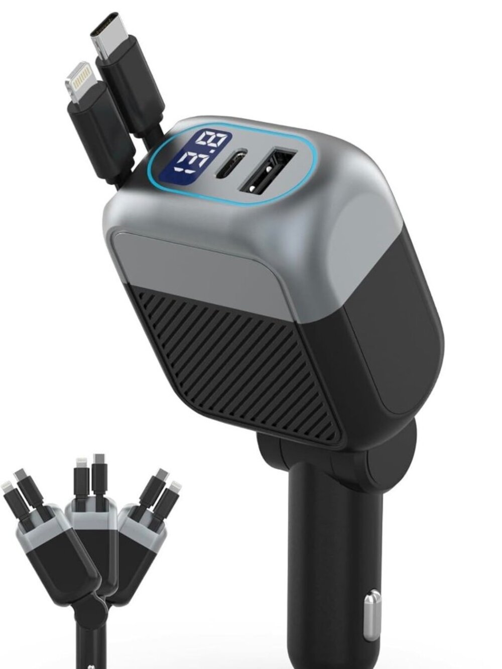 87W Retractable Car Charger, 4-in-1 Fast USB C Charging Car Adapter with 45W Typ